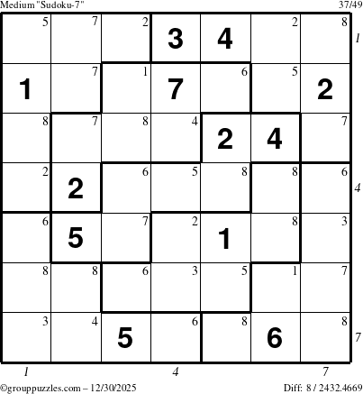 The grouppuzzles.com Medium Sudoku-7 puzzle for Tuesday December 30, 2025 with all 8 steps marked