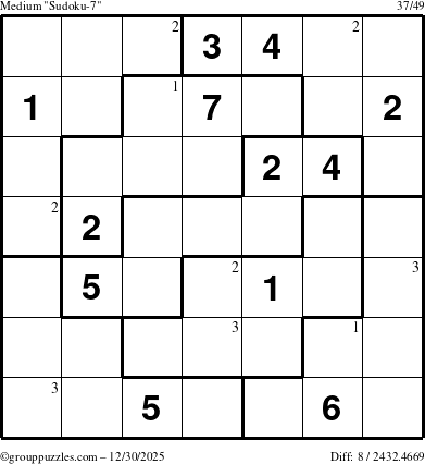 The grouppuzzles.com Medium Sudoku-7 puzzle for Tuesday December 30, 2025 with the first 3 steps marked