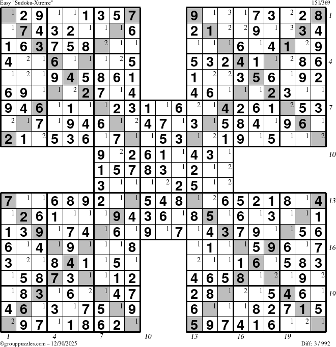 The grouppuzzles.com Easy Sudoku-Xtreme puzzle for Tuesday December 30, 2025, suitable for printing, with all 3 steps marked