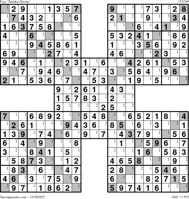 The grouppuzzles.com Easy Sudoku-Xtreme puzzle for Tuesday December 30, 2025 with the first 3 steps marked