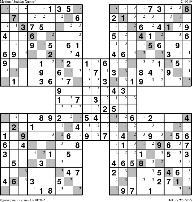 The grouppuzzles.com Medium Sudoku-Xtreme puzzle for Tuesday December 30, 2025 with the first 3 steps marked