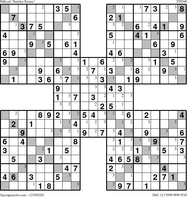 The grouppuzzles.com Difficult Sudoku-Xtreme puzzle for Tuesday December 30, 2025 with the first 3 steps marked