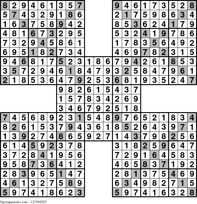 The grouppuzzles.com Answer grid for the Sudoku-Xtreme puzzle for Tuesday December 30, 2025