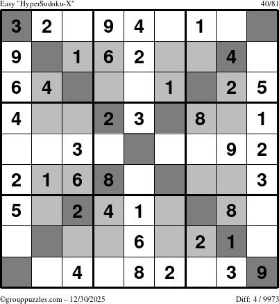 The grouppuzzles.com Easy HyperSudoku-X puzzle for Tuesday December 30, 2025