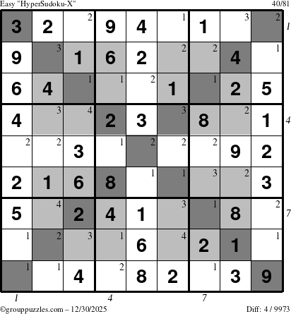 The grouppuzzles.com Easy HyperSudoku-X puzzle for Tuesday December 30, 2025, suitable for printing, with all 4 steps marked