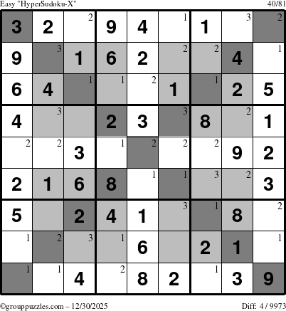 The grouppuzzles.com Easy HyperSudoku-X puzzle for Tuesday December 30, 2025 with the first 3 steps marked