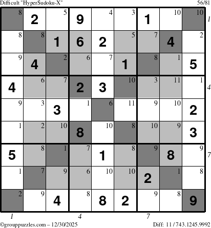 The grouppuzzles.com Difficult HyperSudoku-X puzzle for Tuesday December 30, 2025, suitable for printing, with all 11 steps marked