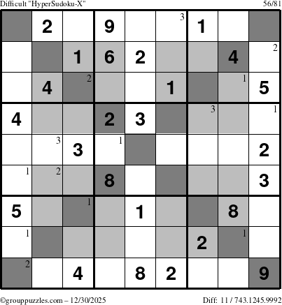 The grouppuzzles.com Difficult HyperSudoku-X puzzle for Tuesday December 30, 2025 with the first 3 steps marked
