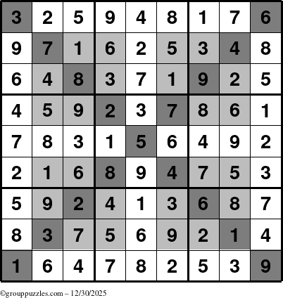 The grouppuzzles.com Answer grid for the HyperSudoku-X puzzle for Tuesday December 30, 2025