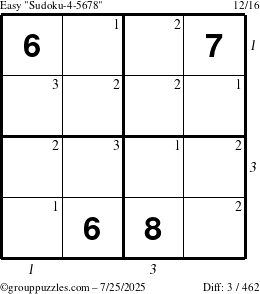 The grouppuzzles.com Easy Sudoku-4-5678 puzzle for Friday July 25, 2025 with all 3 steps marked