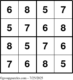The grouppuzzles.com Answer grid for the Sudoku-4-5678 puzzle for Friday July 25, 2025