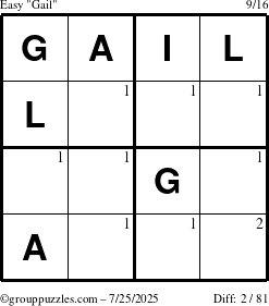 The grouppuzzles.com Easy Gail puzzle for Friday July 25, 2025 with the first 2 steps marked