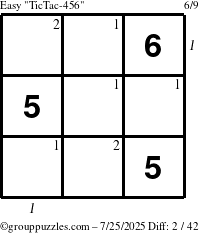 The grouppuzzles.com Easy TicTac-456 puzzle for Friday July 25, 2025 with all 2 steps marked