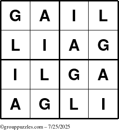 The grouppuzzles.com Answer grid for the Gail puzzle for Friday July 25, 2025