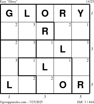 The grouppuzzles.com Easy Glory puzzle for Friday July 25, 2025 with all 3 steps marked