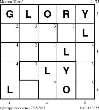 The grouppuzzles.com Medium Glory puzzle for Friday July 25, 2025 with all 4 steps marked