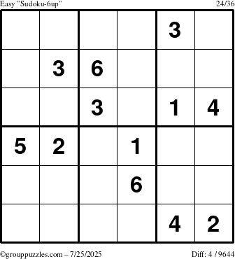 The grouppuzzles.com Easy Sudoku-6up puzzle for Friday July 25, 2025
