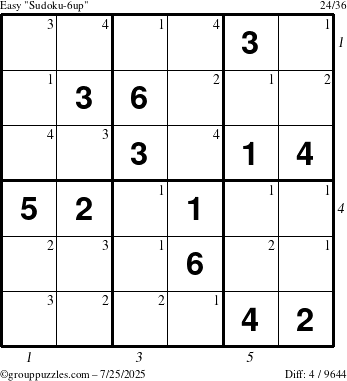 The grouppuzzles.com Easy Sudoku-6up puzzle for Friday July 25, 2025 with all 4 steps marked
