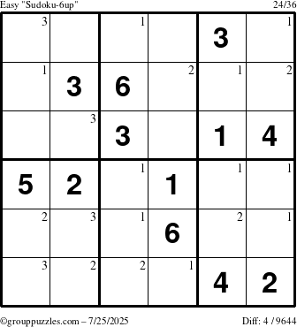 The grouppuzzles.com Easy Sudoku-6up puzzle for Friday July 25, 2025 with the first 3 steps marked