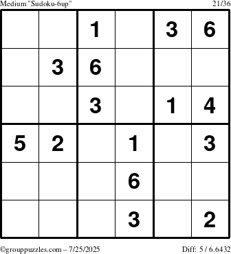 The grouppuzzles.com Medium Sudoku-6up puzzle for Friday July 25, 2025