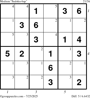 The grouppuzzles.com Medium Sudoku-6up puzzle for Friday July 25, 2025 with all 5 steps marked