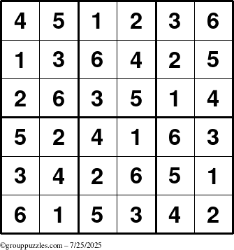 The grouppuzzles.com Answer grid for the Sudoku-6up puzzle for Friday July 25, 2025