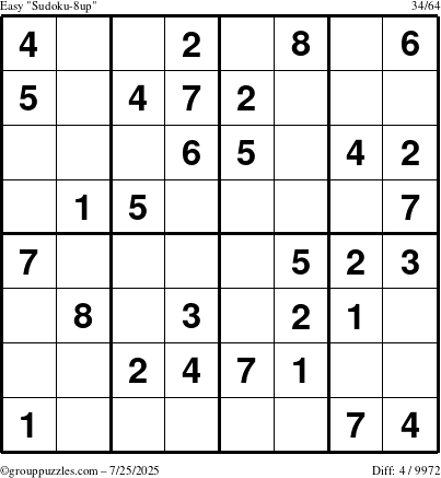 The grouppuzzles.com Easy Sudoku-8up puzzle for Friday July 25, 2025