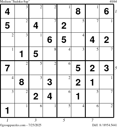The grouppuzzles.com Medium Sudoku-8up puzzle for Friday July 25, 2025 with all 8 steps marked