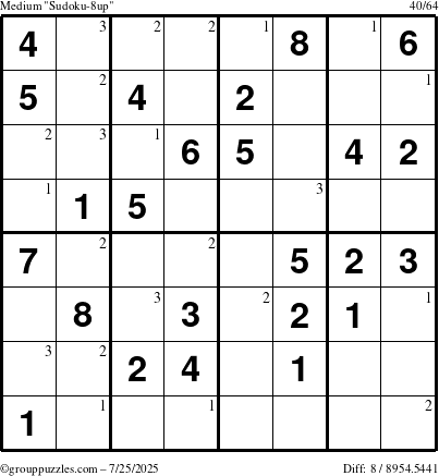 The grouppuzzles.com Medium Sudoku-8up puzzle for Friday July 25, 2025 with the first 3 steps marked