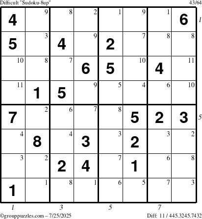 The grouppuzzles.com Difficult Sudoku-8up puzzle for Friday July 25, 2025 with all 11 steps marked