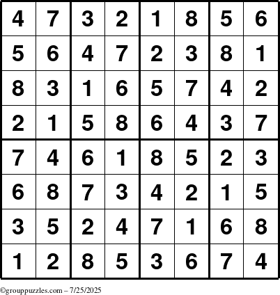 The grouppuzzles.com Answer grid for the Sudoku-8up puzzle for Friday July 25, 2025