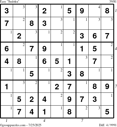 The grouppuzzles.com Easy Sudoku puzzle for Friday July 25, 2025 with all 4 steps marked