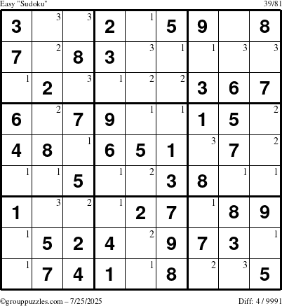 The grouppuzzles.com Easy Sudoku puzzle for Friday July 25, 2025 with the first 3 steps marked