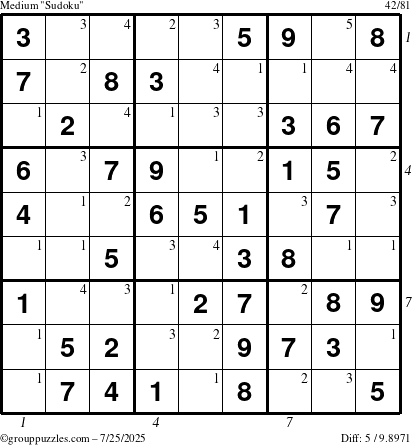 The grouppuzzles.com Medium Sudoku puzzle for Friday July 25, 2025, suitable for printing, with all 5 steps marked