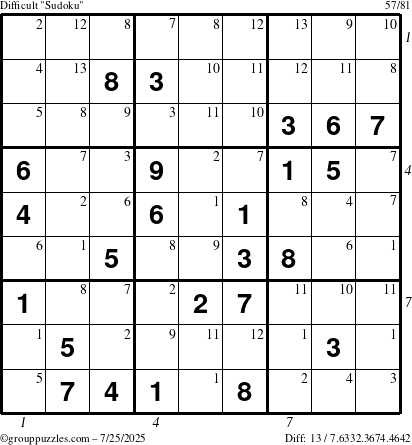 The grouppuzzles.com Difficult Sudoku puzzle for Friday July 25, 2025 with all 13 steps marked