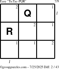 The grouppuzzles.com Easy TicTac-PQR puzzle for Friday July 25, 2025 with all 2 steps marked