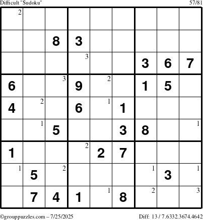 The grouppuzzles.com Difficult Sudoku puzzle for Friday July 25, 2025 with the first 3 steps marked