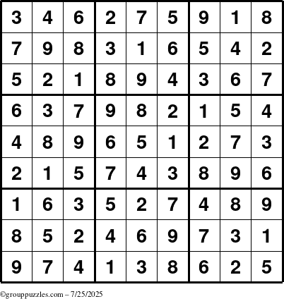 The grouppuzzles.com Answer grid for the Sudoku puzzle for Friday July 25, 2025