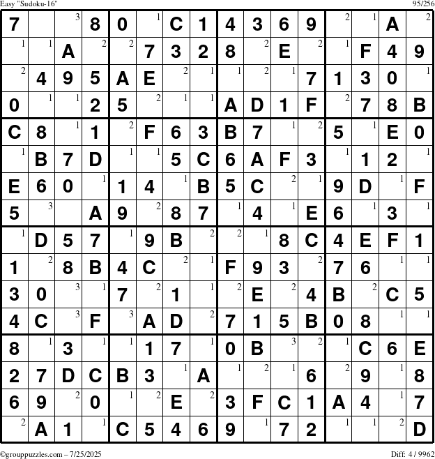The grouppuzzles.com Easy Sudoku-16 puzzle for Friday July 25, 2025 with the first 3 steps marked
