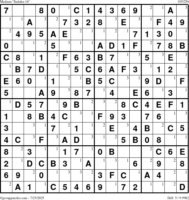 The grouppuzzles.com Medium Sudoku-16 puzzle for Friday July 25, 2025 with the first 3 steps marked