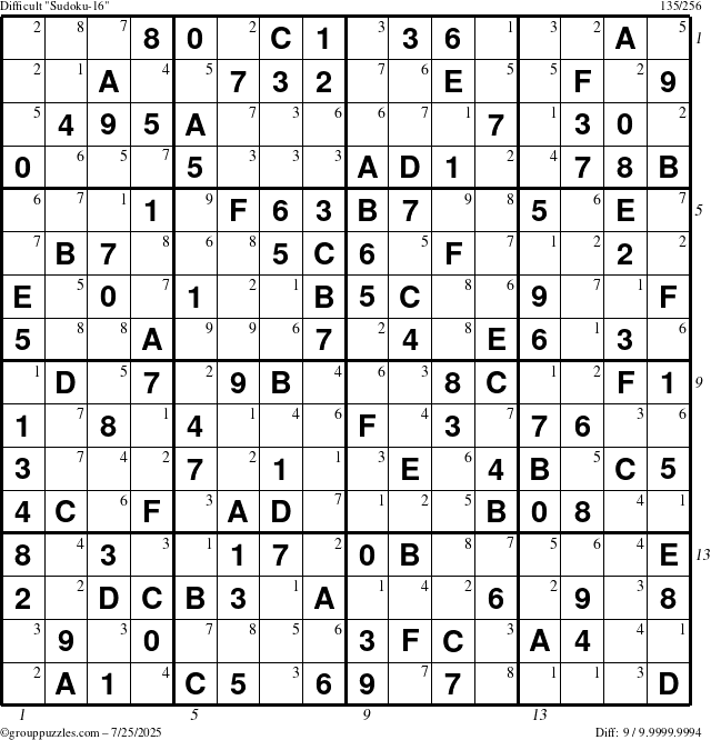 The grouppuzzles.com Difficult Sudoku-16 puzzle for Friday July 25, 2025, suitable for printing, with all 9 steps marked