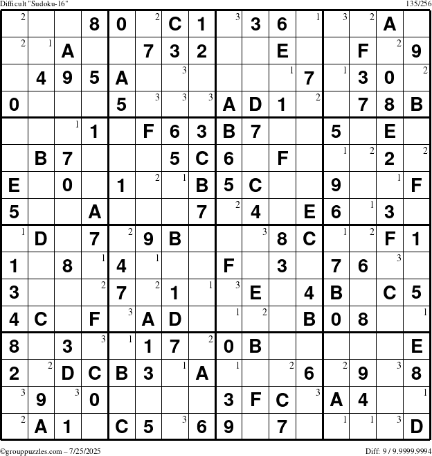 The grouppuzzles.com Difficult Sudoku-16 puzzle for Friday July 25, 2025 with the first 3 steps marked
