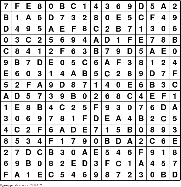 The grouppuzzles.com Answer grid for the Sudoku-16 puzzle for Friday July 25, 2025