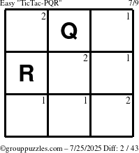 The grouppuzzles.com Easy TicTac-PQR puzzle for Friday July 25, 2025 with the first 2 steps marked