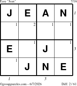 The grouppuzzles.com Easy Jean puzzle for Sunday June 7, 2026, suitable for printing, with all 2 steps marked