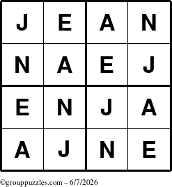 The grouppuzzles.com Answer grid for the Jean puzzle for Sunday June 7, 2026
