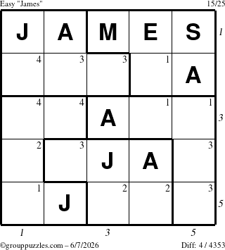The grouppuzzles.com Easy James puzzle for Sunday June 7, 2026 with all 4 steps marked