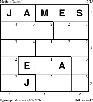 The grouppuzzles.com Medium James puzzle for Sunday June 7, 2026, suitable for printing, with all 4 steps marked