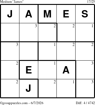 The grouppuzzles.com Medium James puzzle for Sunday June 7, 2026 with the first 3 steps marked
