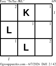 The grouppuzzles.com Easy TicTac-JKL puzzle for Sunday June 7, 2026, suitable for printing, with all 2 steps marked